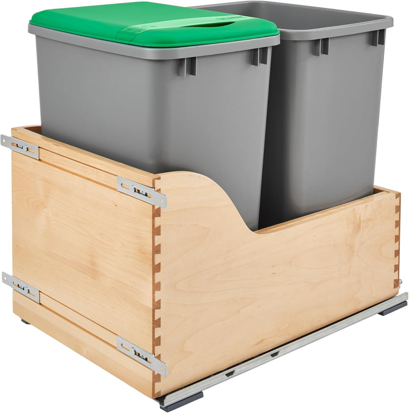 Rev-A-Shelf Double Metallic Silver 35 Qt. Maple Pullout Waste Container w/ Soft-Close and (1) Lid for 18" Base Cabinets - 4WCSC-1835DMND-2 - FREE DOMESTIC SHIPPING