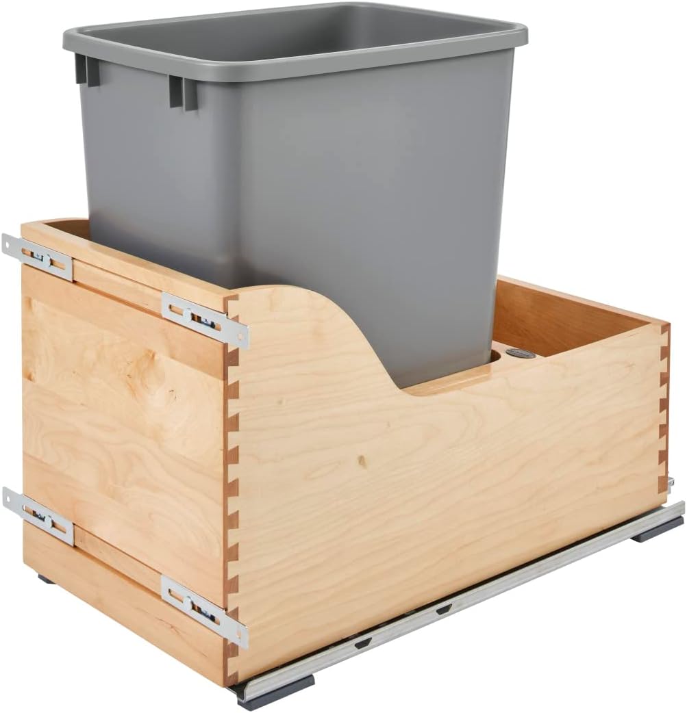 Rev-A-Shelf Natural Maple Bottom Mount Waste Pullout with Single Metallic Silver 35 qt. Waste Container w/ BLUMOTION Soft-Close and SERVO-DRIVE - 4WCSD-1535DM-1