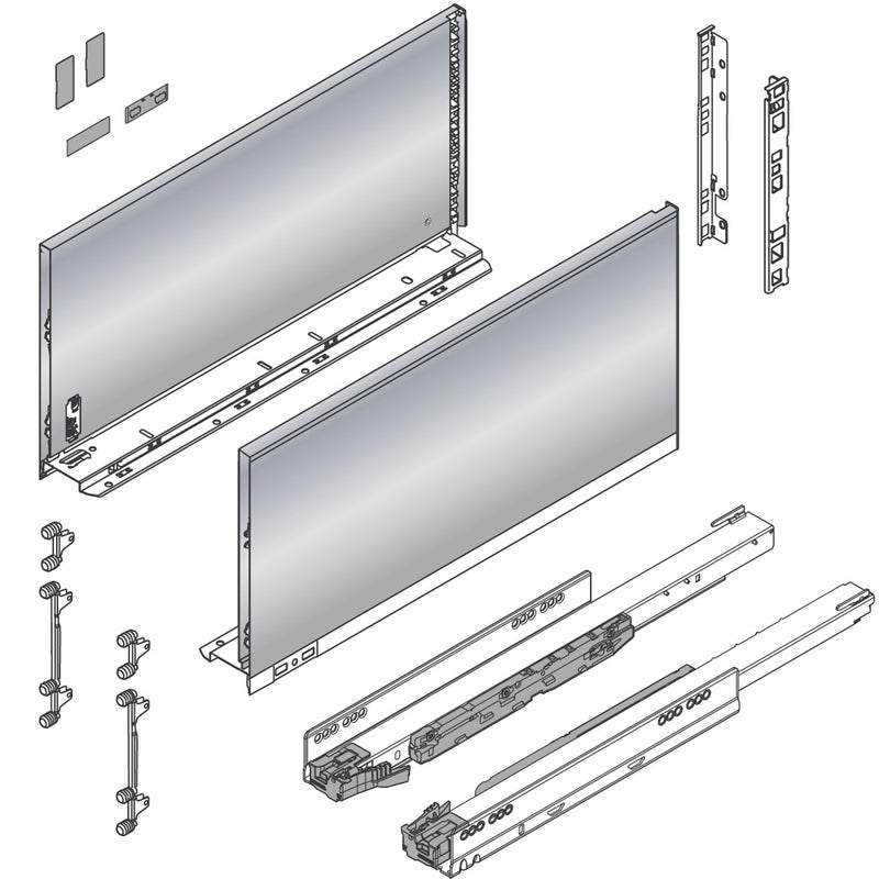 Blum LEGRABOX F Height (9-1/2") V1 Packaging Set - 22" (550mm) - 125lb - Stainless Steel (INGL) - 770F55S0I