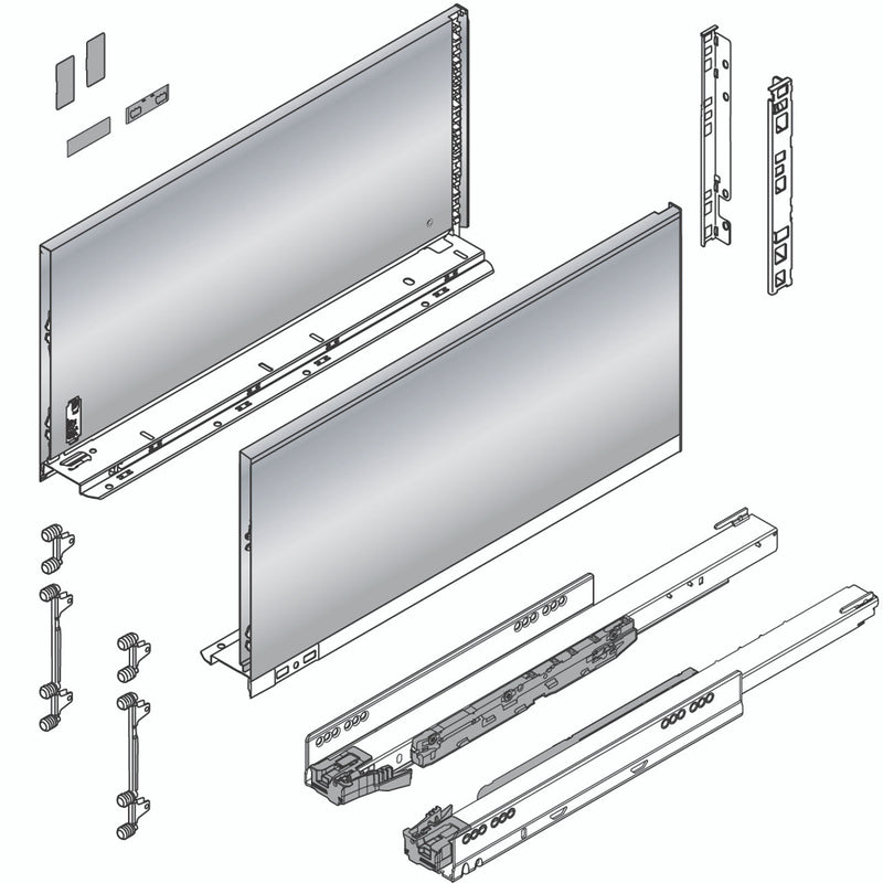 Blum LEGRABOX F Height (9-1/2") V1 Packaging Set - 22" (550mm) - 170lb - Stainless Steel (INGL) - 773F55S0I