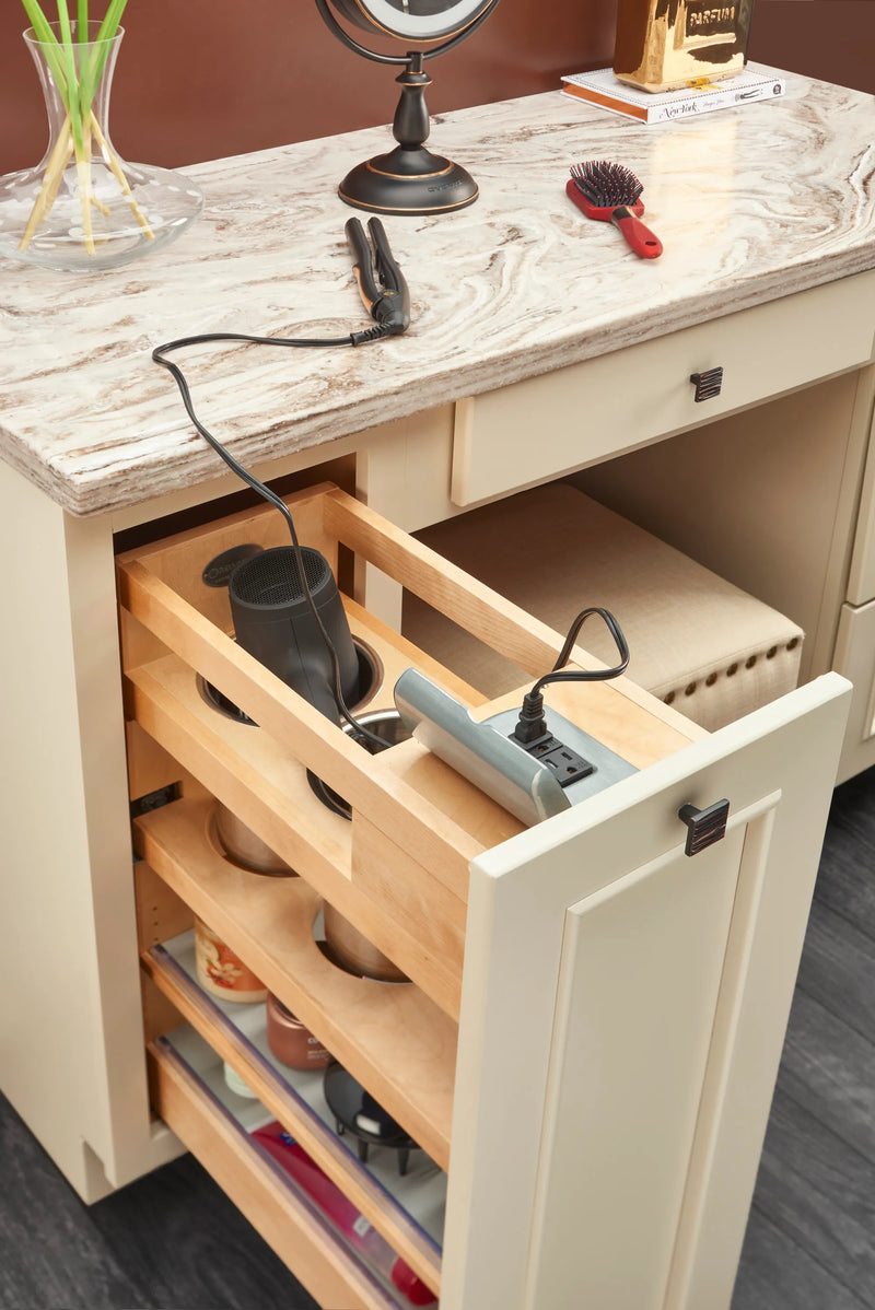 Rev-A-Shelf Natural Maple Outlet Grooming Organizer w/ BLUM Soft-Close for 12" Face Frame Full-Height Vanity - 445-VBOSC-8C