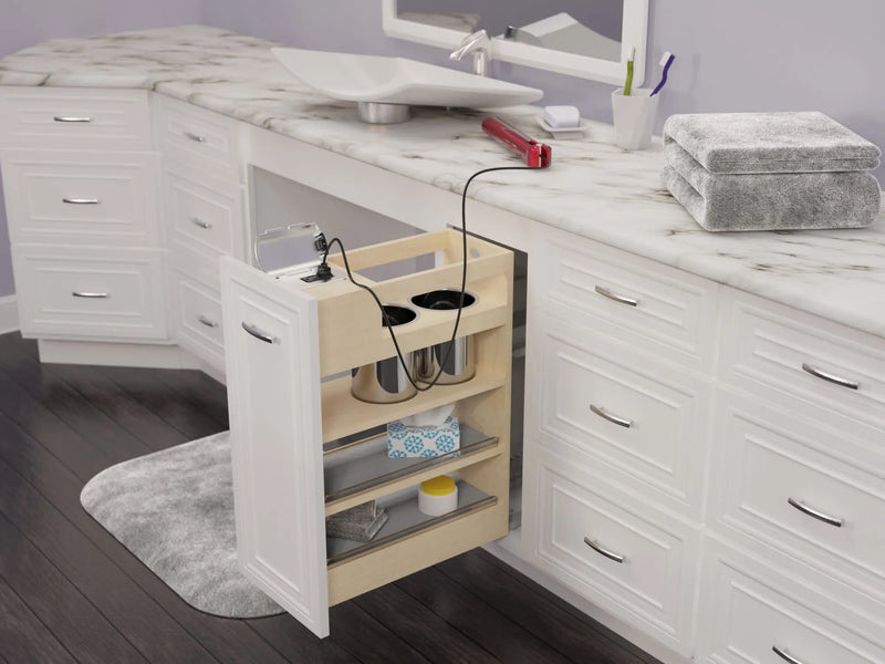 Rev-A-Shelf Natural Maple Outlet Grooming Organizer w/ BLUM Soft-Close for 12" Face Frame Full-Height Vanity - 445-VBOSC-8C