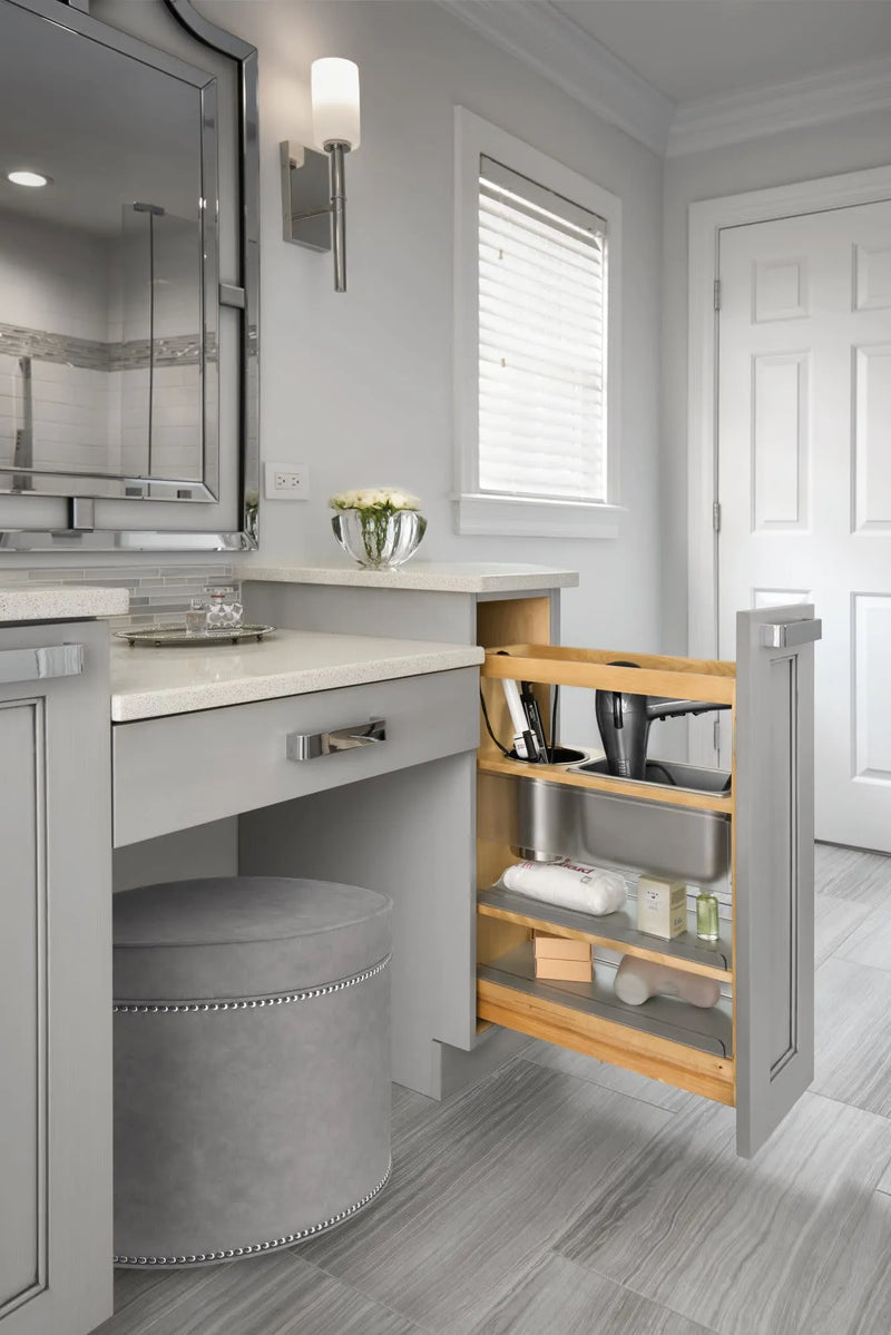 Rev-A-Shelf 8" W x 25" H Wood Pullout Vanity Grooming Organizer w/ Soft-Close Slide - 445-VCG25SC-8