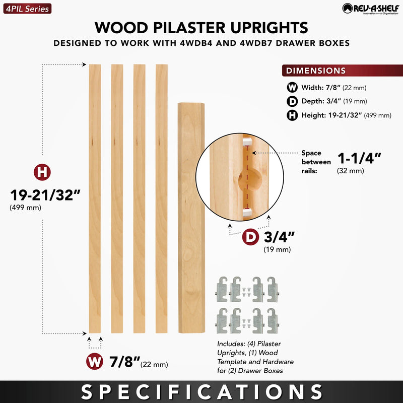 Rev-A-Shelf (4) 19-11/16" x 7/8" Wood Pilaster Uprights and (2) Pilaster Hardware sets -  4PIL-20-088-1