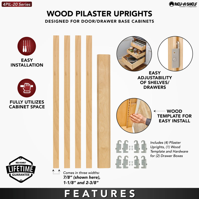 Rev-A-Shelf (4) 19-11/16" x 7/8" Wood Pilaster Uprights and (2) Pilaster Hardware sets -  4PIL-20-088-1