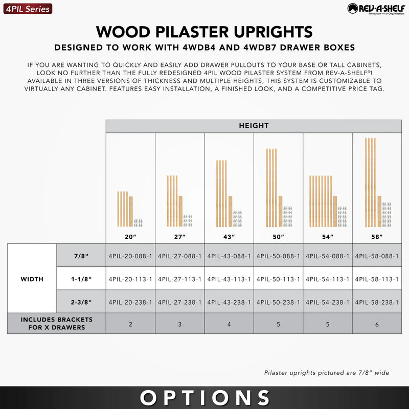 Rev-A-Shelf (4) 19-11/16" x 7/8" Wood Pilaster Uprights and (2) Pilaster Hardware sets -  4PIL-20-088-1