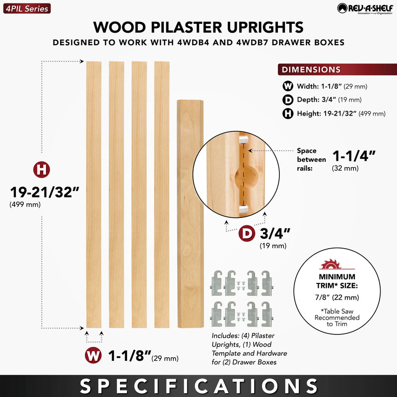 Rev-A-Shelf (4) 19-11/16" x 1-1/8" Wood Pilaster Uprights and (2) Pilaster Hardware sets -  4PIL-20-113-1