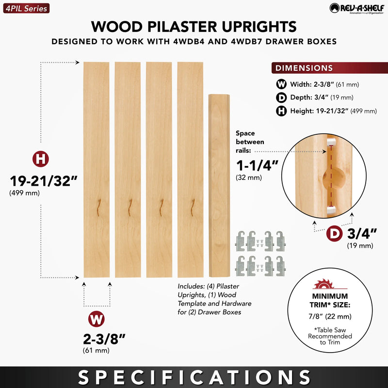 Rev-A-Shelf (4) 19-11/16" x 2-3/8" Wood Pilaster Uprights and (2) Pilaster Hardware sets -  4PIL-20-238-1