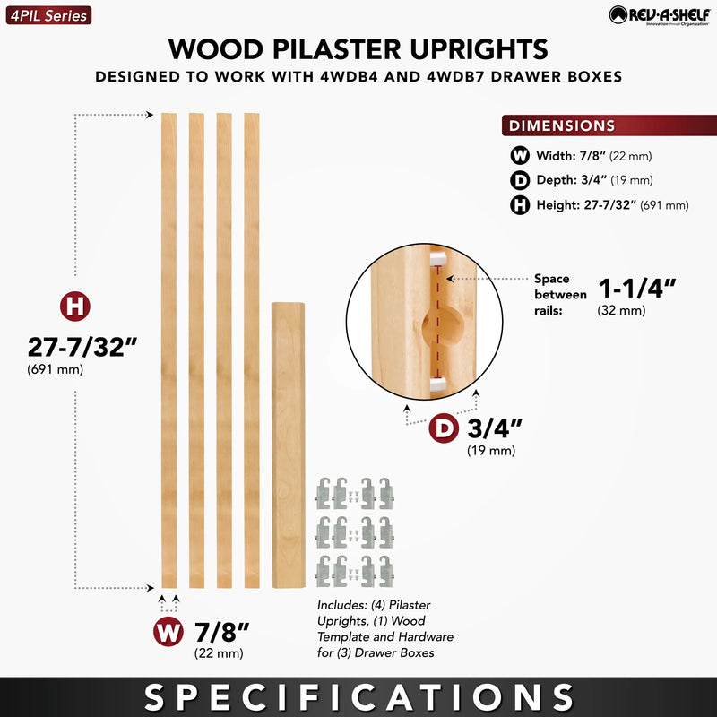 Rev-A-Shelf (4) 27-1/4" x 7/8" Wood Pilaster Uprights and (3) Pilaster Hardware sets -  4PIL-27-088-1