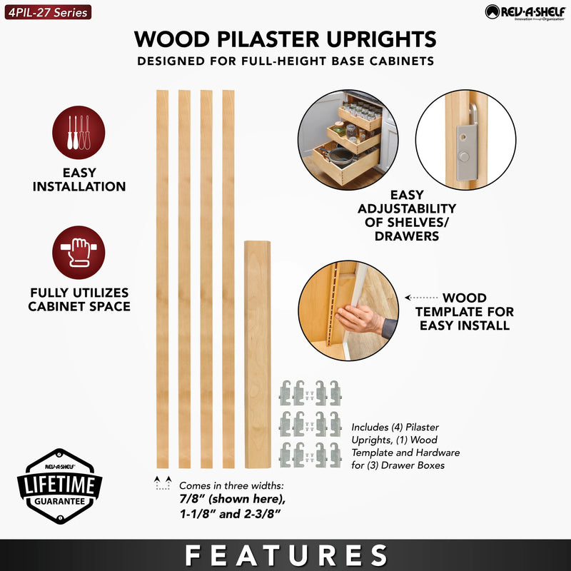 Rev-A-Shelf (4) 27-1/4" x 7/8" Wood Pilaster Uprights and (3) Pilaster Hardware sets -  4PIL-27-088-1