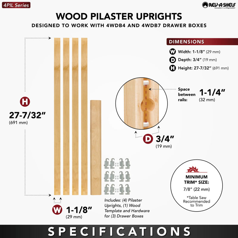 Rev-A-Shelf (4) 27-1/4" x 1-1/8" Wood Pilaster Uprights and (3) Pilaster Hardware sets - 4PIL-27-113-1
