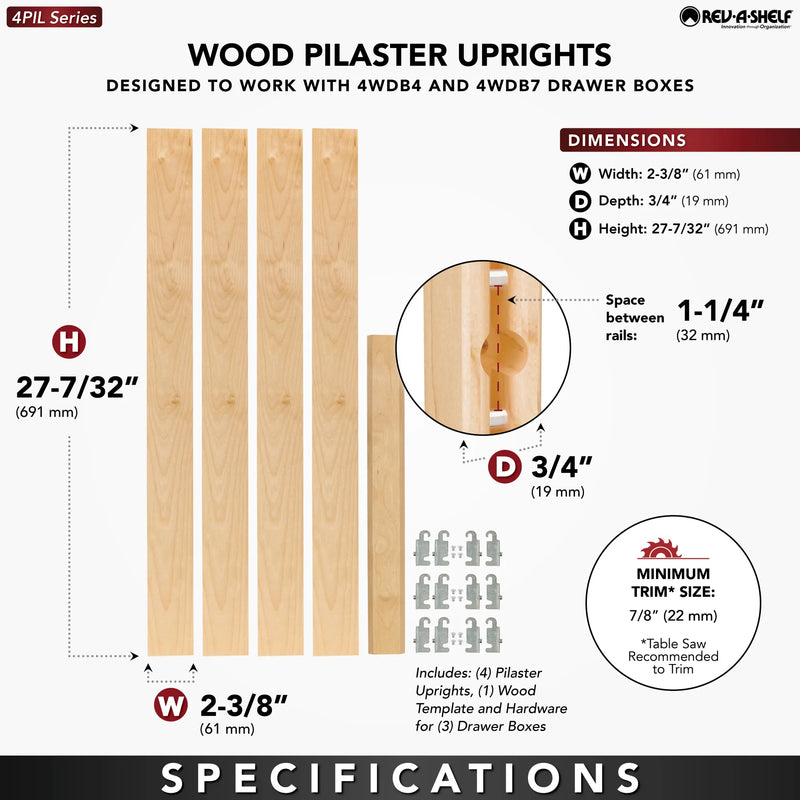 Rev-A-Shelf (4) 27-1/4" x 2-3/8" Wood Pilaster Uprights and (3) Pilaster Hardware sets - 4PIL-27-238-1