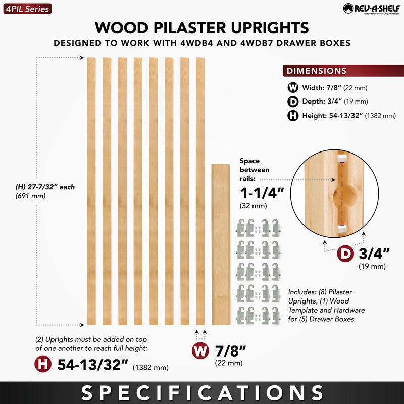 Rev-A-Shelf (8) stackable 27-1⁄4" x 7/8" Wood Pilaster Uprights and (5) Pilaster Hardware sets - 4PIL-54-088-1