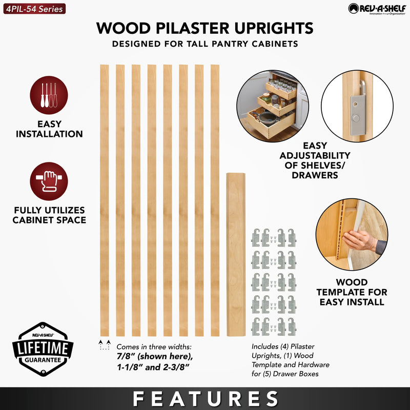 Rev-A-Shelf (8) stackable 27-1⁄4" x 1-1/8" Wood Pilaster Uprights and (5) Pilaster Hardware sets - 4PIL-54-113-1
