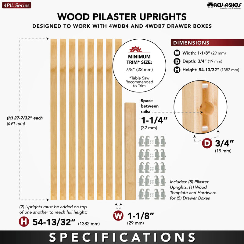 Rev-A-Shelf (8) stackable 27-1⁄4" x 1-1/8" Wood Pilaster Uprights and (5) Pilaster Hardware sets - 4PIL-54-113-1