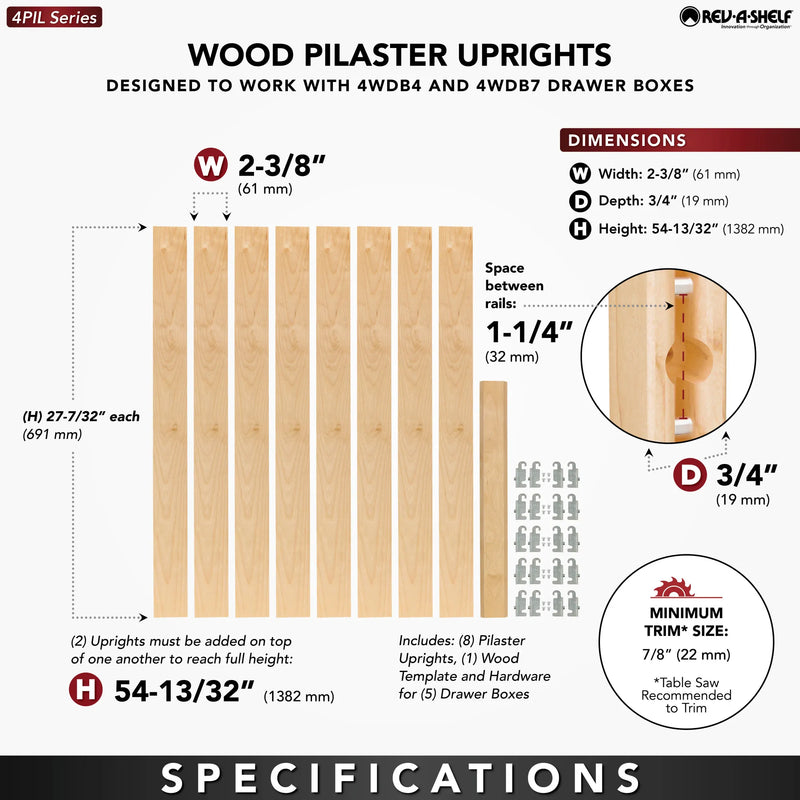 Rev-A-Shelf (8) stackable 27-1⁄4" x 2-3/8" Wood Pilaster Uprights and (5) Pilaster Hardware sets - 4PIL-54-238-1