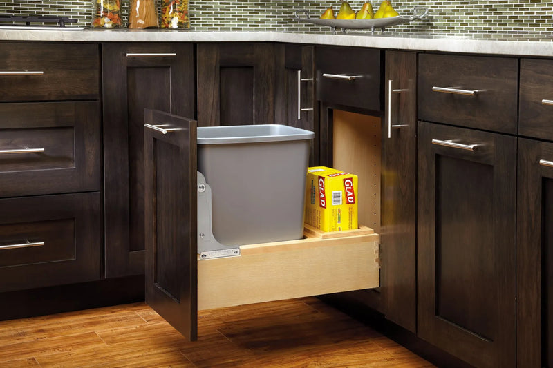 Rev-A-Shelf Single Metallic Silver 35 Qt. Maple Pullout Waste Container with Rev-A-Motion® Soft-Open/Soft-Close for 15" Base Cabinets - 4WCBM-15DM-1 - FREE DOMESTIC SHIPPING
