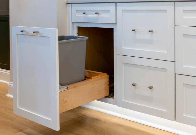 Rev-A-Shelf Single Metallic Silver 35 Qt. Maple Pullout Waste Container with Rev-A-Motion® Soft-Open/Soft-Close for 15" Base Cabinets - 4WCBM-15DM-1 - FREE DOMESTIC SHIPPING