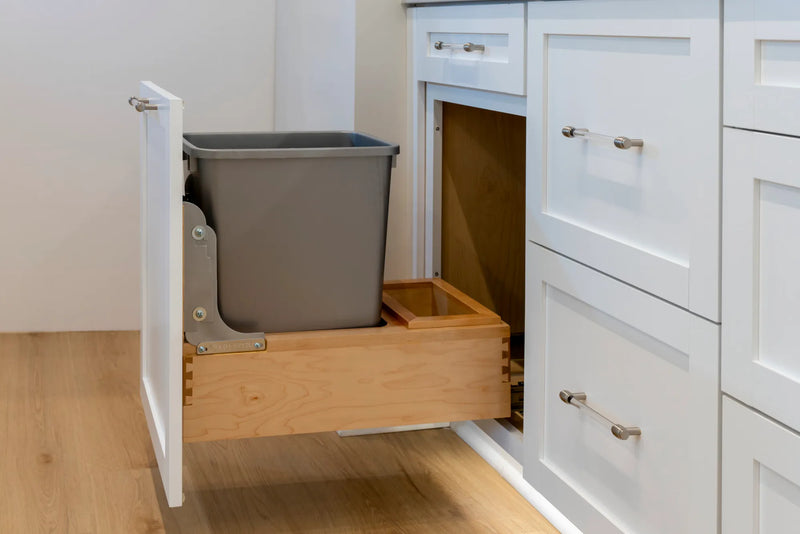Rev-A-Shelf Single Metallic Silver 35 Qt. Maple Pullout Waste Container with Rev-A-Motion® Soft-Open/Soft-Close for 15" Base Cabinets - 4WCBM-15DM-1 - FREE DOMESTIC SHIPPING