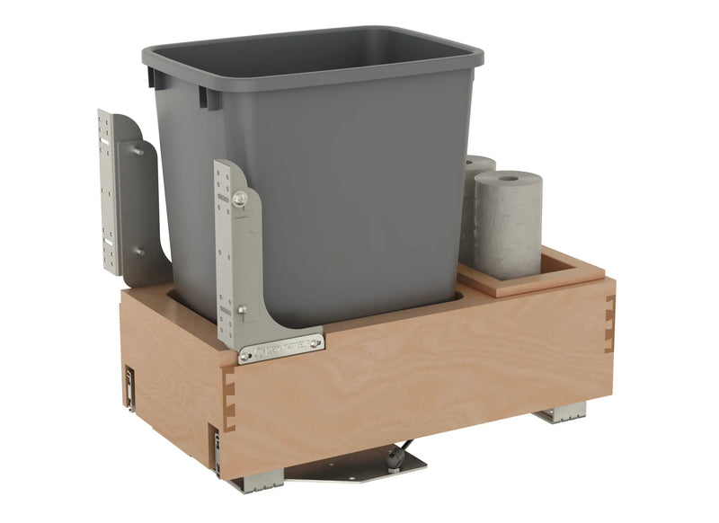 Rev-A-Shelf Single Metallic Silver 35 Qt. Maple Pullout Waste Container with Rev-A-Motion® Soft-Open/Soft-Close for 15" Base Cabinets - 4WCBM-15DM-1 - FREE DOMESTIC SHIPPING