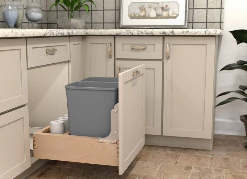 Rev-A-Shelf Double Metallic Silver 32 Qt. Maple Pullout Waste Container with Rev-A-Motion® Soft-Open/Soft-Close for 24" Base Cabinets - 4WCBM-2432DM-2 - FREE DOMESTIC SHIPPING