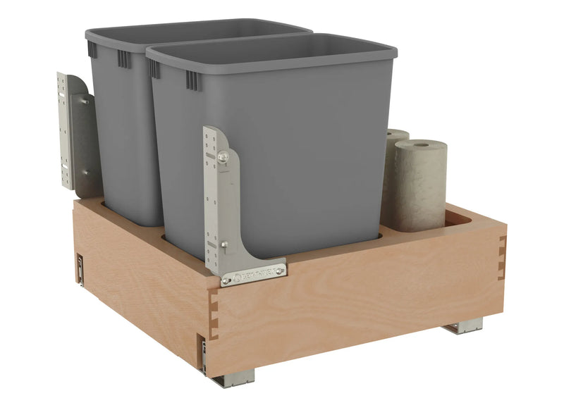 Rev-A-Shelf Double Metallic Silver 32 Qt. Maple Pullout Waste Container with Rev-A-Motion® Soft-Open/Soft-Close for 24" Base Cabinets - 4WCBM-2432DM-2 - FREE DOMESTIC SHIPPING