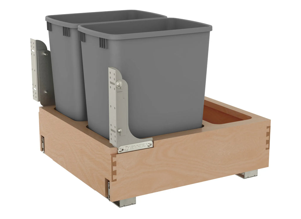 Rev-A-Shelf Double Metallic Silver 32 Qt. Maple Pullout Waste Container with Rev-A-Motion® Soft-Open/Soft-Close for 24" Base Cabinets - 4WCBM-2432DM-2 - FREE DOMESTIC SHIPPING