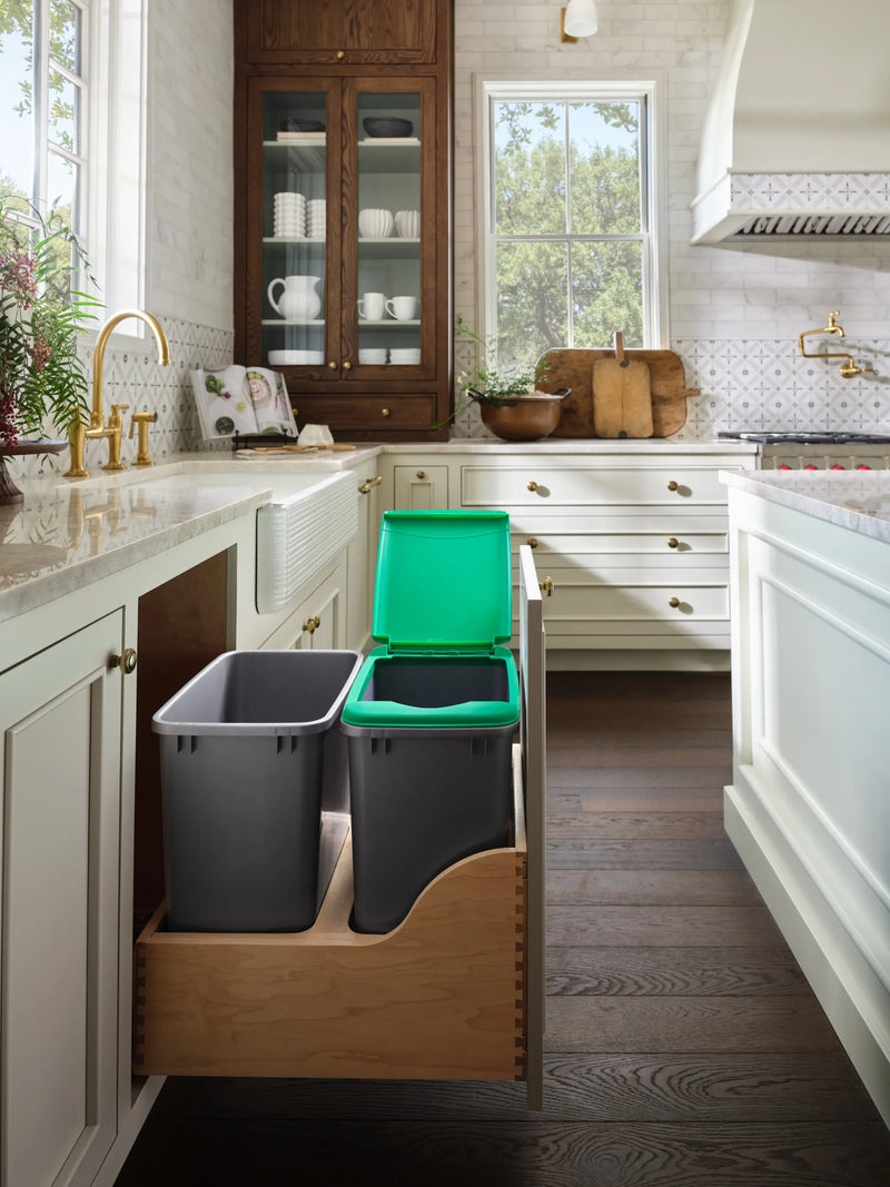 Rev-A-Shelf Double Metallic Silver 35 Qt. Maple Pullout Waste Container w/ Soft-Close and (1) Lid for 18" Base Cabinets - 4WCSC-1835DM-2 - FREE DOMESTIC SHIPPING