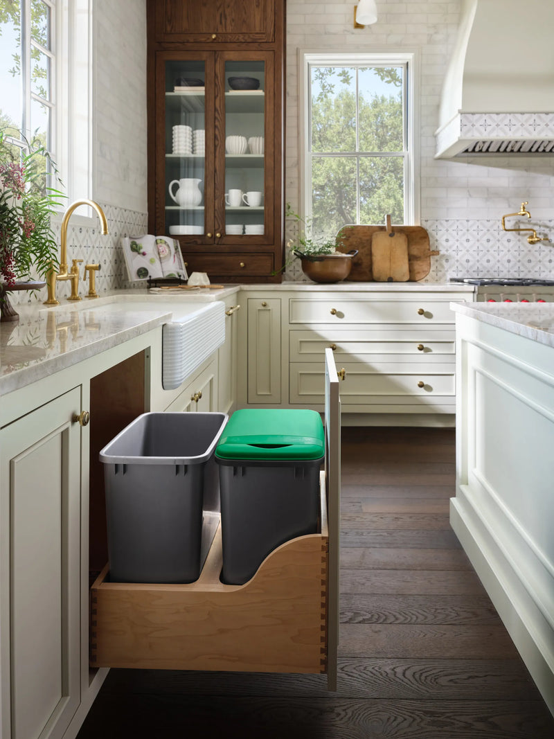 Rev-A-Shelf Double Metallic Silver 35 Qt. Maple Pullout Waste Container w/ Soft-Close and (1) Lid for 18" Base Cabinets - 4WCSC-1835DM-2 - FREE DOMESTIC SHIPPING