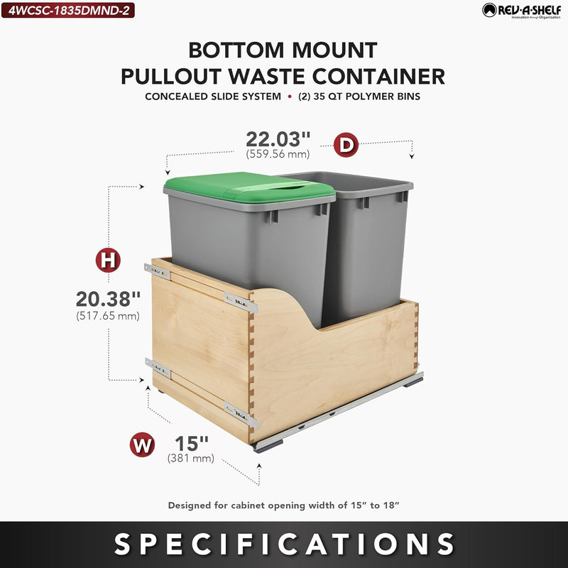 Rev-A-Shelf Double Metallic Silver 35 Qt. Maple Pullout Waste Container w/ Soft-Close and (1) Lid for 18" Base Cabinets - 4WCSC-1835DMND-2 - FREE DOMESTIC SHIPPING