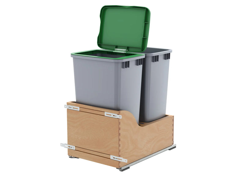 Rev-A-Shelf Double Metallic Silver 50 Qt. Maple Pullout Waste Container w/ Soft-Close and (1) Lid for 18" Base Cabinets - 4WCSC-1850DM-2 - FREE DOMESTIC SHIPPING