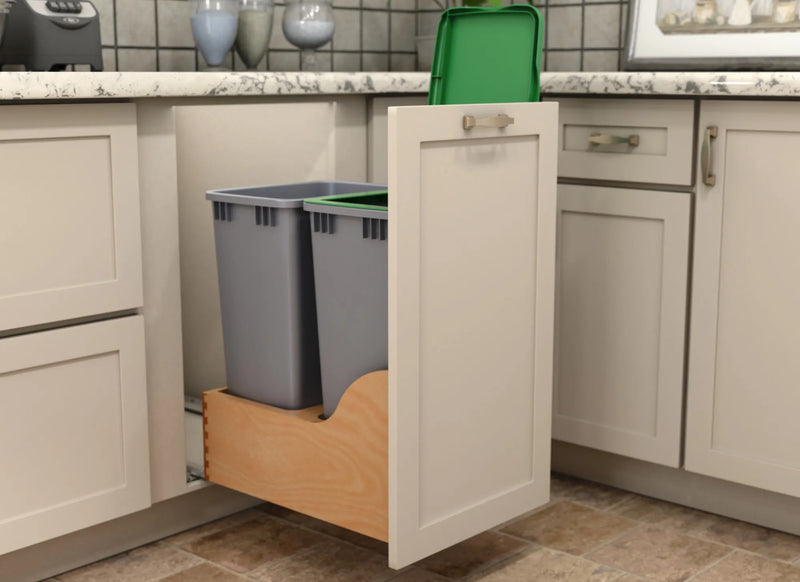 Rev-A-Shelf Double Metallic Silver 50 Qt. Maple Pullout Waste Container w/ Soft-Close and (1) Lid for 18" Base Cabinets - 4WCSC-1850DM-2 - FREE DOMESTIC SHIPPING