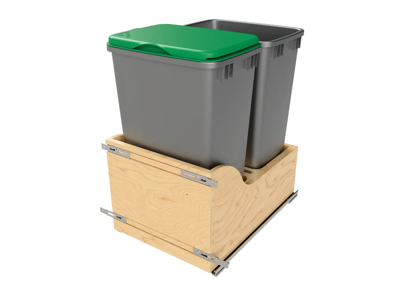 Rev-A-Shelf Double Metallic Silver 50 Qt. Maple Pullout Waste Container w/ Soft-Close and (1) Lid for 18" Base Cabinets - 4WCSC-1850DM-2 - FREE DOMESTIC SHIPPING