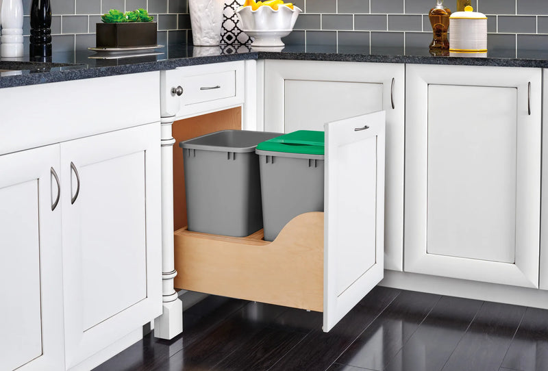 Rev-A-Shelf Double Metallic Silver 35 Qt. Maple Pullout Waste Container w/ Soft-Close and (1) Lid for 21" Base Cabinets - 4WCSC-2135DM-2 - FREE DOMESTIC SHIPPING