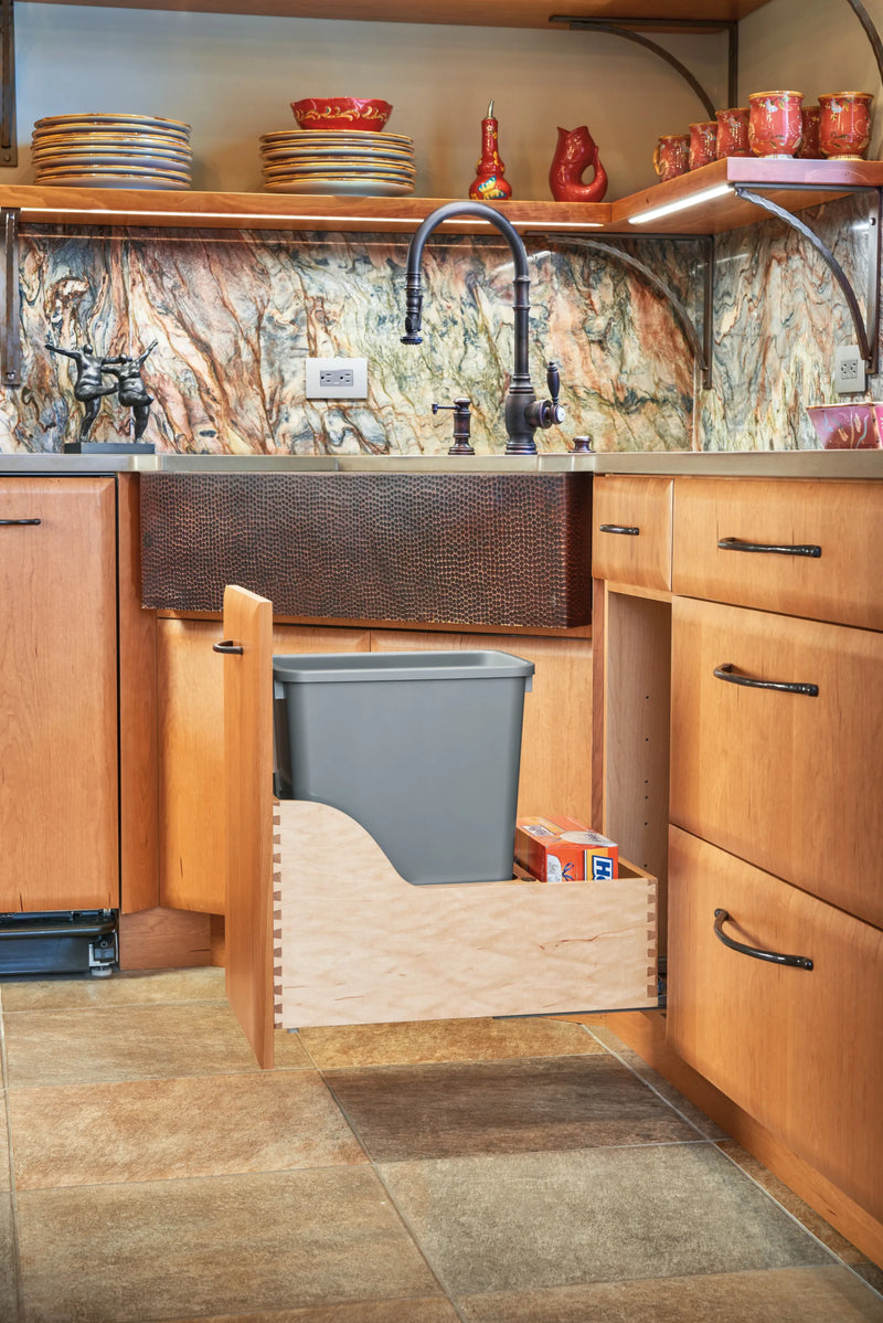 Rev-A-Shelf Natural Maple Bottom Mount Waste Pullout with Single Metallic Silver 35 qt. Waste Container w/ BLUMOTION Soft-Close and SERVO-DRIVE - 4WCSD-1535DM-1