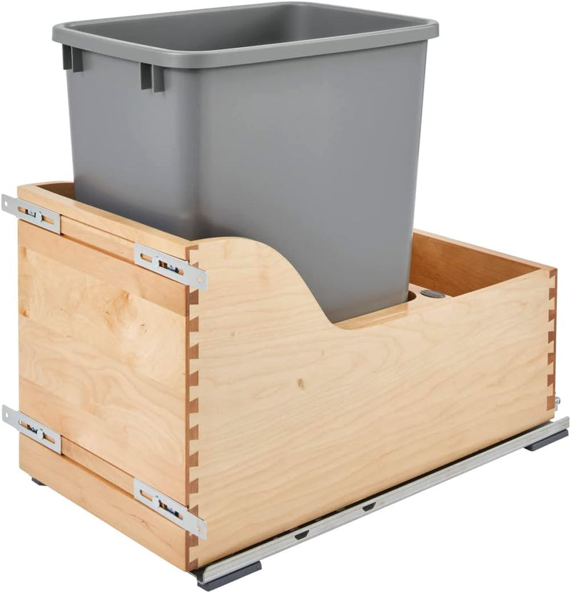 Rev-A-Shelf Natural Maple Bottom Mount Waste Pullout with Single Metallic Silver 35 qt. Waste Container w/ BLUMOTION Soft-Close and SERVO-DRIVE - 4WCSD-1535DM-1