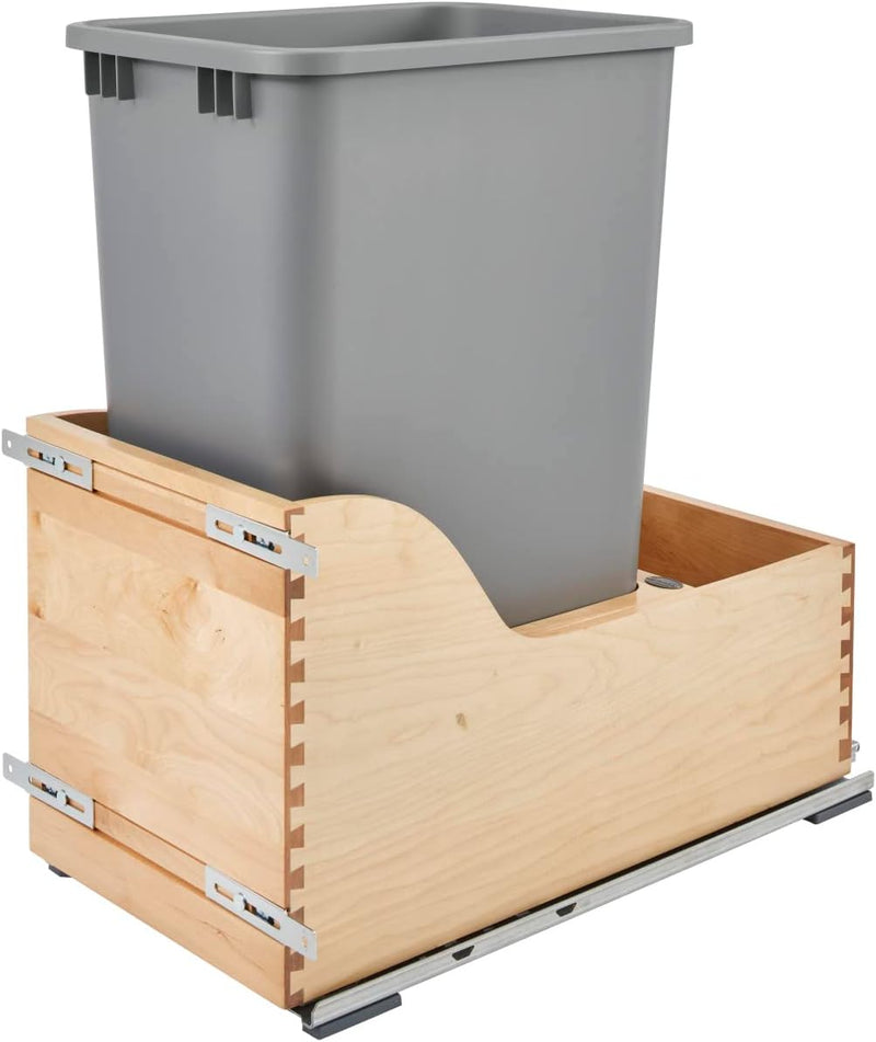 Rev-A-Shelf Natural Maple Bottom Mount Waste Pullout with Single Metallic Silver 50 qt. Waste Container w/ BLUMOTION Soft-Close and SERVO-DRIVE - 4WCSD-1550DM-1