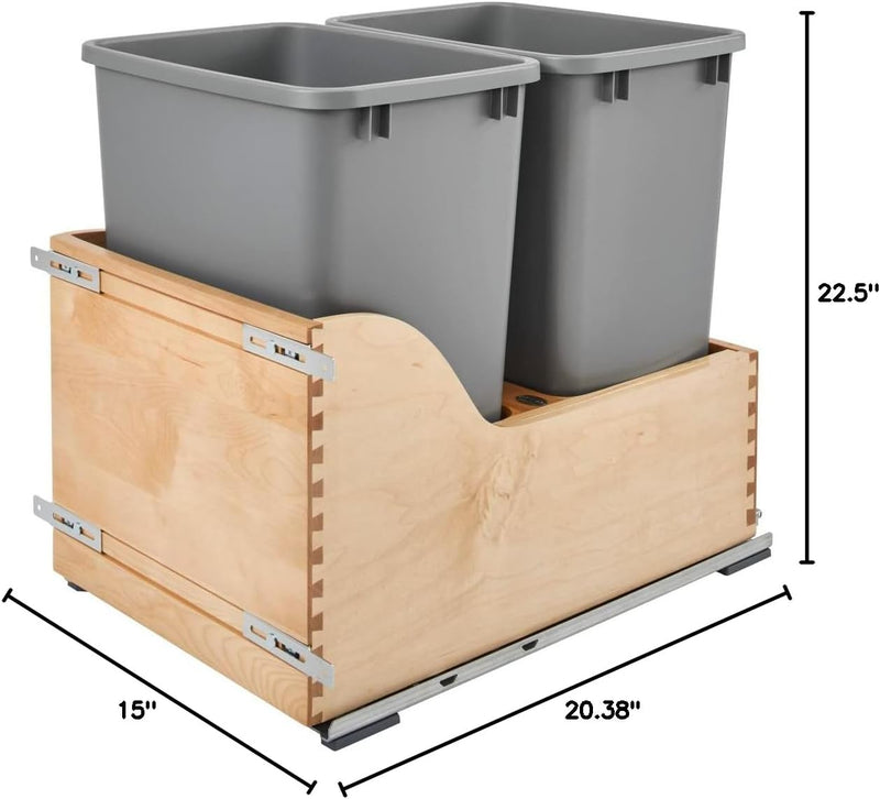 Rev-A-Shelf Natural Maple Bottom Mount Waste Pullout with Double Metallic Silver 35 qt. Waste Containers w/ BLUMOTION Soft-Close and SERVO-DRIVE - 4WCSD-1835DM-2