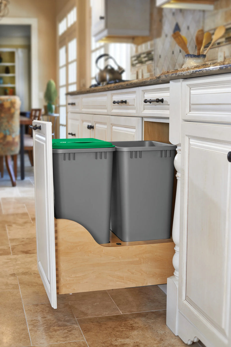 Rev-A-Shelf Natural Maple Bottom Mount Waste Pullout with Double Metallic Silver 35 qt. Waste Containers w/ BLUMOTION Soft-Close and SERVO-DRIVE - 4WCSD-1835DM-2