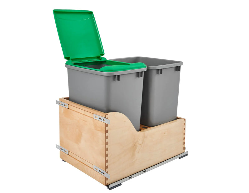 Rev-A-Shelf Natural Maple Bottom Mount Waste Pullout with Double Metallic Silver 35 qt. Waste Containers w/ BLUMOTION Soft-Close and SERVO-DRIVE - 4WCSD-1835DM-2