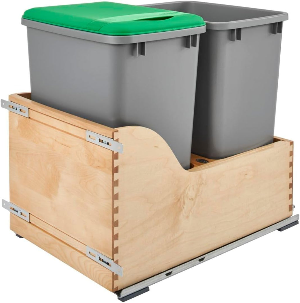 Rev-A-Shelf Natural Maple Bottom Mount Waste Pullout with Double Metallic Silver 35 qt. Waste Containers w/ BLUMOTION Soft-Close and SERVO-DRIVE - 4WCSD-1835DM-2