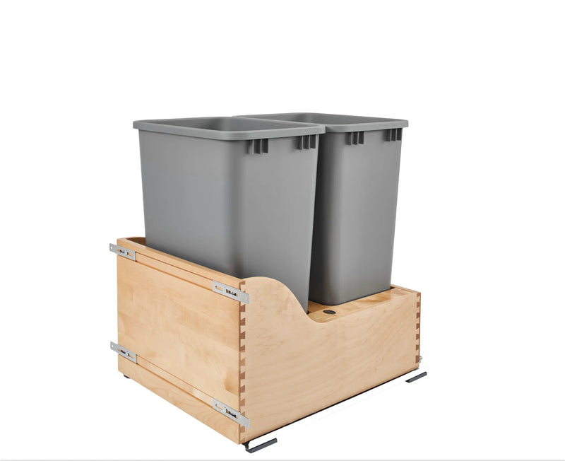Rev-A-Shelf Natural Maple Bottom Mount Waste Pullout with Double Metallic Silver 50 qt. Waste Containers w/ BLUMOTION Soft-Close and SERVO-DRIVE - 4WCSD-2150DM-2