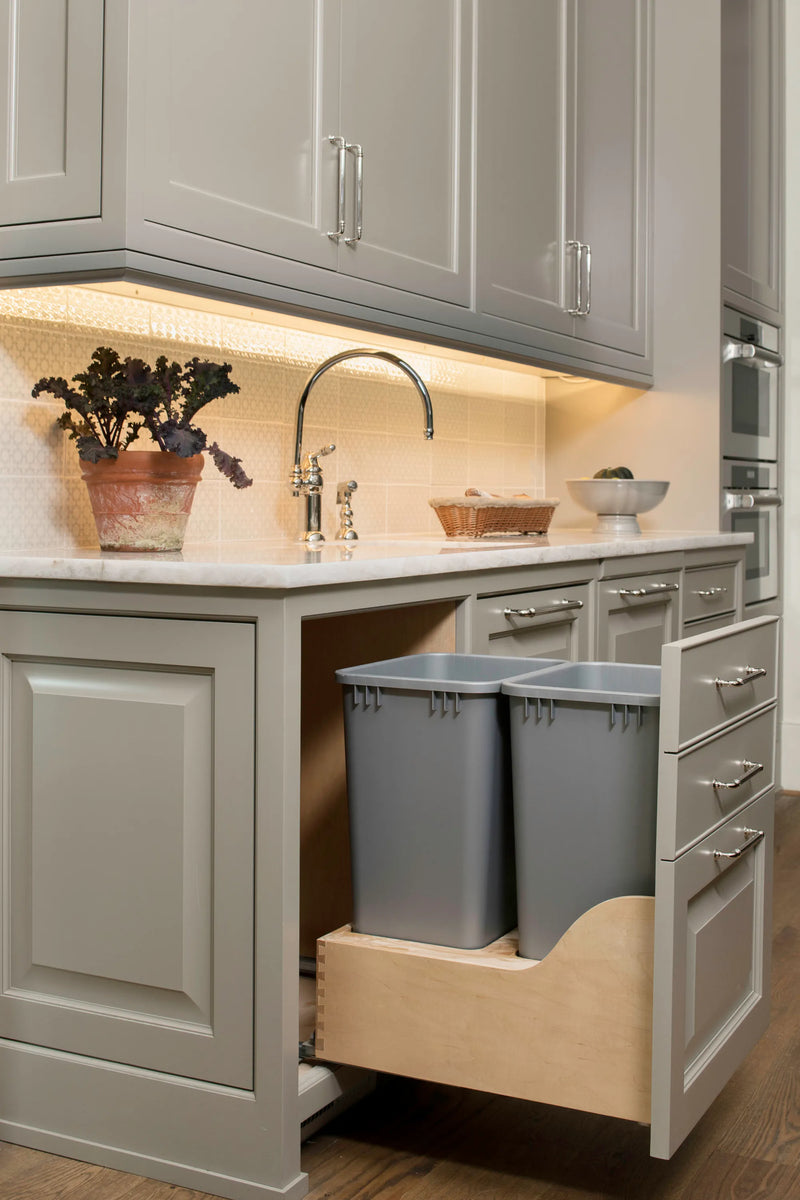 Rev-A-Shelf Natural Maple Bottom Mount Waste Pullout with Double Metallic Silver 50 qt. Waste Containers w/ BLUMOTION Soft-Close and SERVO-DRIVE - 4WCSD-2150DM-2
