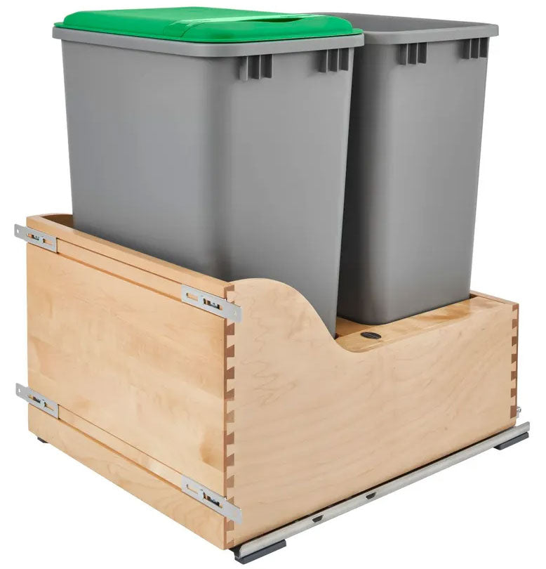 Rev-A-Shelf Natural Maple Bottom Mount Waste Pullout with Double Metallic Silver 50 qt. Waste Containers w/ BLUMOTION Soft-Close and SERVO-DRIVE - 4WCSD-2150DM-2
