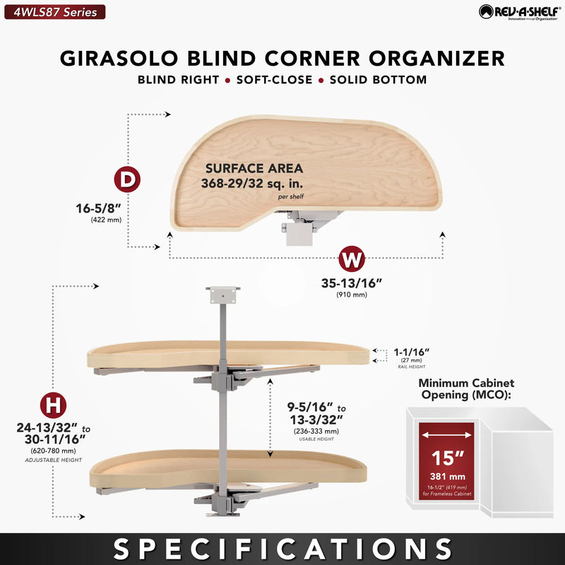 Rev-A-Shelf Maple Two-Tier Classic Girasolo w/ Soft-Close for 15" Left Opening/Blind Right Corner Cabinets 4WLS87-15-L