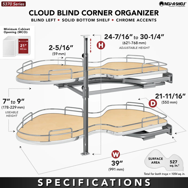 Rev-A-Shelf Maple Solid Bottom Chrome Wire Two-Tier "Cloud" Optimizer for 21" Right Opening/Blind Left Corner Cabinets - 5372-21-MP-R