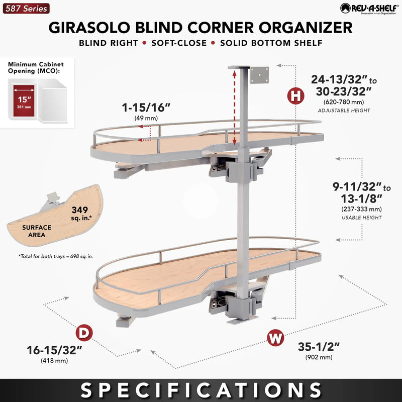 Rev-A-Shelf Maple Two-Tier Girasolo w/ Soft Close and Chrome Accents for 15" Left Opening/Blind Right Corner cabinets 587-15-LMP