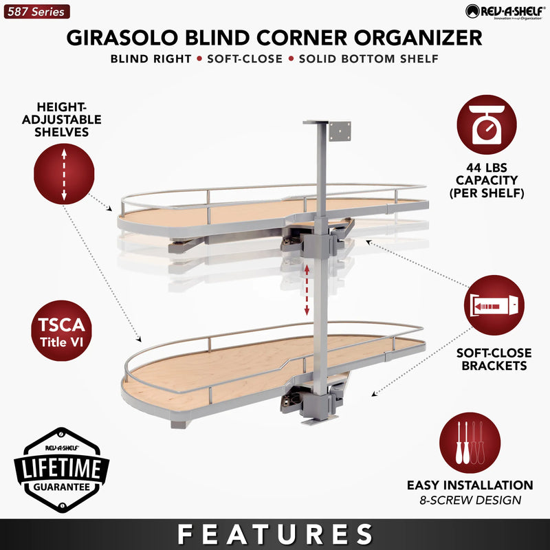 Rev-A-Shelf Maple Two-Tier Girasolo w/ Soft Close and Chrome Accents for 15" Left Opening/Blind Right Corner cabinets 587-15-LMP