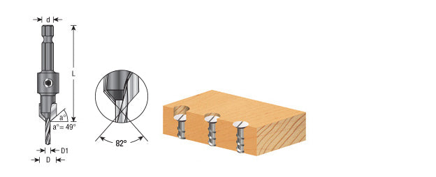 Amana Tool 55264 Carbide Tipped 82 Degree Countersink 3/8 Dia x 49 Deg x 1/4 Quick Release Hex Shank for Wood Screw #8