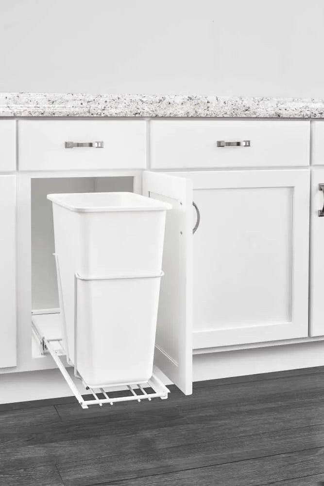 Rev-A-Shelf Single White 32 Qt. White Steel Wire Bottom Mount Waste Container w/ 3/4-Extension Slides for 15" Base Cabinets - RV-932PB